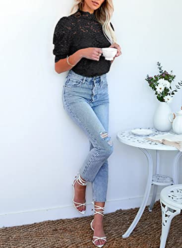 Farysays Women's Casual Summer Puff Short Sleeve Lace Crochet Tops Mock Neck Elegant Cute Blouses Shirts Black Medium #TOP2
