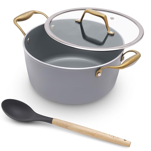 Image of Asai Ceramic Dutch Oven 24cm (4L) with Glass Lid & Silicone Spatula | Grey | Procera Swiss Ceramic Non-Stick Coating | Induction, Gas & Electric Compatible | Stay-Cool Handles | Lab Tested