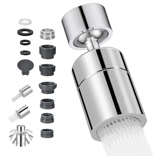 Aireador Grifo Cocina Giratorio 360°, Ajustable 2 Modos Salida Agua, con 5 Adaptadores 20/22/24 mm, Grifo Dispositivo Anti Salpicadura con Universales Para Grifos de Cocina y Bañ