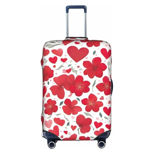 Valentine'S Day Red Heart Flower Print Travel Elastic Suitcase Luggage Baggage Cover Protector, Washable And Anti-Scratch