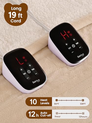 Image of Bearhug Electric Blanket King Size with Dual Controls, 10 Heat Levels & 1-12H Auto Shut-Off, Fast Heating Soft Velvet to Sherpa Heated Blanket for Couples, Machine Washable, Beige