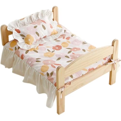 Vlwm猫 犬 ベッド 木製の猫の犬のベッド 木製のフレームの犬のベッドソファ 猫と子犬のための普遍的な取り外し可能な 猫用ベッド 小型/中型/大型犬ペット用品 通気性 寝床 安定な構造 ぐっすり眠る 組立簡単 室内 戸外 (ベッド+花柄,M 54X42C