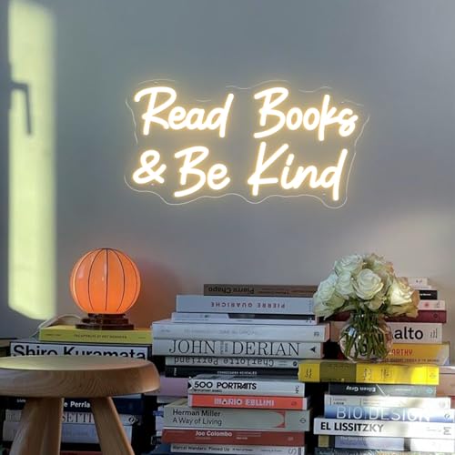 Image of Read Books And Be Kind Neon Sign for Wall Decor, Dimmable Neon Light Signs for Bedroom LED Signs for Classroom Bookstore Library Study Reading Study Room Decoration