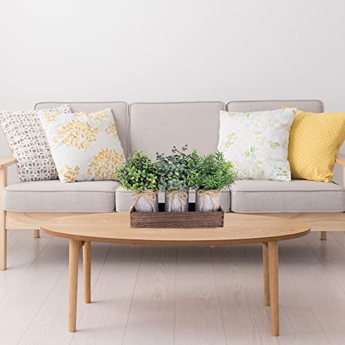 Set Of 3 Mini Potted Plants Arrangement Faux Boxwood Eucalyptus Rosemary Plants In Rustic Galvanized Metal Pots With Rectangle Wood Box For Farmhouse Table Centerpiece Mantel Kitchen Greenery Decor #TOP4