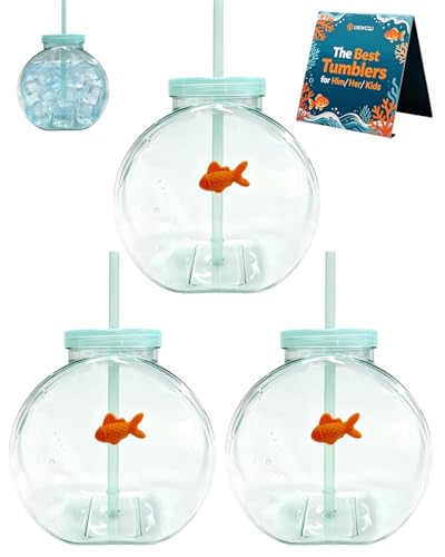 UIEWCQJ Fish Bowl Tumbler with Straw Plastic Fishbowl Tumblers with Lids Unbreakable Ornament Cups for Drinks Summer Drink Fashioned Table Goldfish Bowl Bottles for Parties Centerpieces(3PCS)