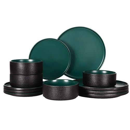 GZG Ceramic Dinnerware Set for 4,12 Piece Modern Style Stoneware Set,Microwave and Dishwasher Safe Plate and Bowl,Scratch Resistant Stackable(Dark Green, Set(12PCS))