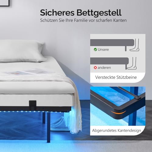 Bonnlo Bettgestell 180x200 cm mit Lattenrost, Bett 180x200 cm mit LED Beleuchtung, Metallbett Robust, Schwebenbett mit 36 cm Höhe schwarz (ohne matratze)