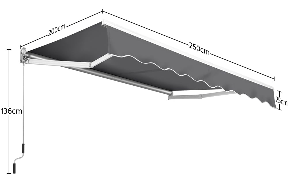 Yaheetech Auvent Rétractable de Contrôle Manuel 250 x 200 cm avec Protection Solaire Réglable pour Balcon, Terrasse, Café, Restaurant - Gris Foncé