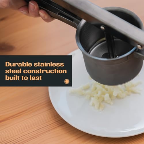 Potato Ricer Stainless Steel (15 oz, Black) - Heavy Duty Potato Masher with 3 Interchangeable Discs & Peeler - Easy Mashed Potatoes Kitchen Tool by Kovilo