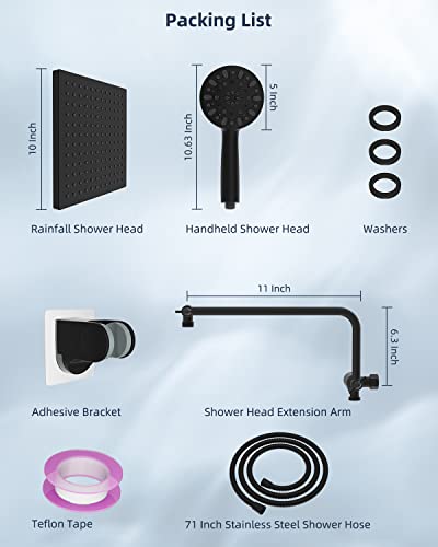 Hibbent Metal Shower Head, 10'' High Pressure Rainfall Shower Head/Handheld Showerhead Combo With 12'' Adjustable Shower Extension Arm, 7-Spray, 71'' Hose, Showerhead Holder, Matte Black #TOP6