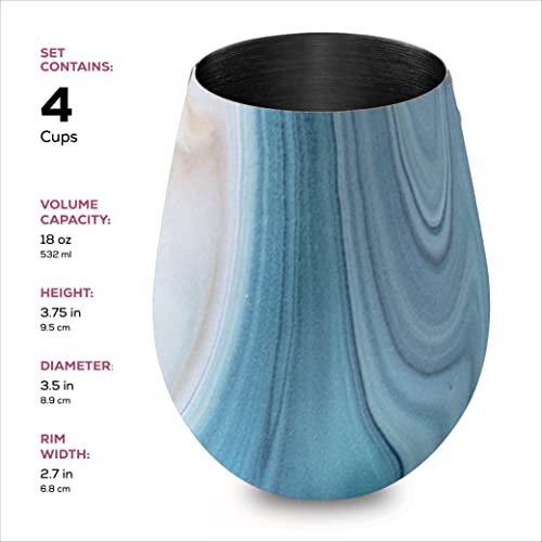 Stainless Steel Unbreakable Wine Glasses - 18 Ounce Set Of 4 Wine Glasses. Premium Grade 18/8 Stainless Steel Red & White Stemless Wine Glasses Set, (Exquisite Blue Marble) #TOP6