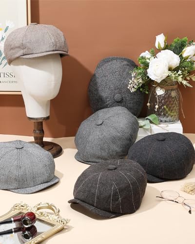 Image of Suhine 6 Pcs Newsboy Cap for Men Octagonal Hat 8 Panel Wool Blend Beret Flat Tweed Adjustable 22 to 24 Inch