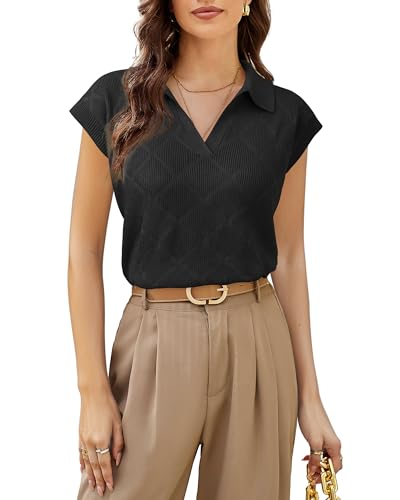 Image of Messic Womens Cap Sleeve Sweater Lapel V Neck Casual Knit Pullover Tops 2024