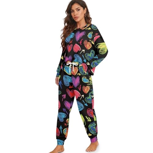 Image of Womens Lounge Set Long Sleeve Soft Pajama Sets Casual 2 Piece Pj Outfit Crewneck Sleepwear with Pockets Plus Size