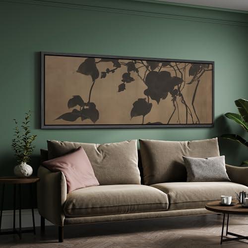 Image of MUDECOR Large Framed Canvas Print Wall Art Minimalist Shadow Leaves Neutral Botanical Silhouette Antique Retro Ready to Hang Painting for Living Room Bedroom Multi-Sizes - 60 inchx20 inch