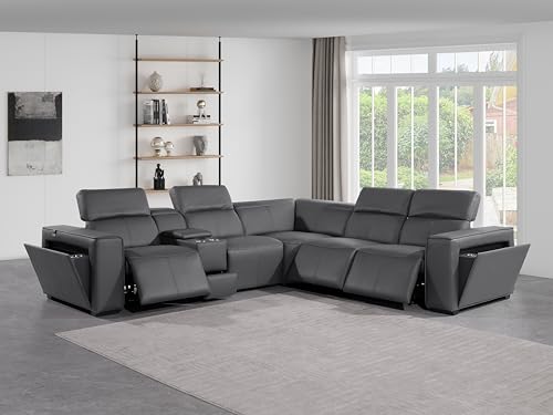 BlackJack Furniture Ernesto 6 Piece L Shaped Power Reclining Sectional Sofa, Modular Couch with Top Grain Italian Leather, 3 Electric Recliners, USB & Wireless Chargers, Storage Console, Dark Grey