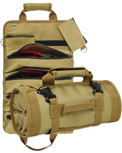 Heavy Duty Roll Up Tool Bag, 33cm Portable Tool Organiser with 2 Detachable Pouches, Waterproof & Durable Storage Bag for Electricians, Plumbers & Mechanics(Khaki)