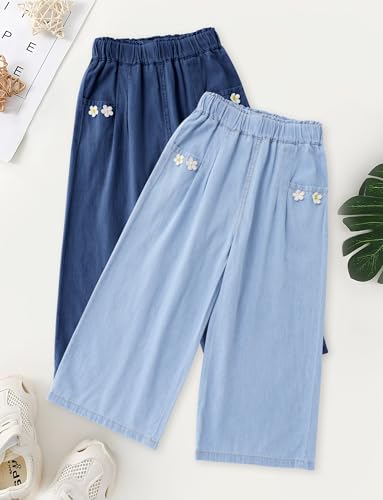 Happy Cherry Girls Elastic Waist Thin Cotton Denim Pants Wide Leg Baggy Trousers Cute Summer Straight Cropped Pant 2-104