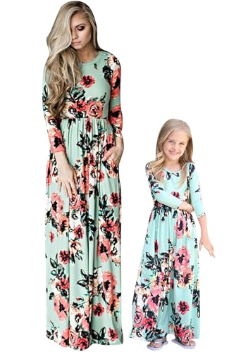 YMING Abbinamenti per Mamma E Figlia Abiti da Spiaggia Abbinati Abiti A Vita Alta A Maniche Lunghe Primaverili con Scollo Rotondo Verde Florale 9-10