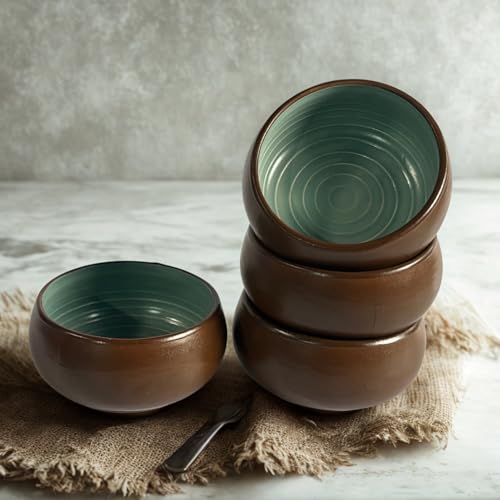 Image of Freakway Handcrafted Ceramic Serving Bowls - Set of 4 | Dual Tone (Brown & Teal) | 150 ml Each | Microwave & Dishwasher Safe