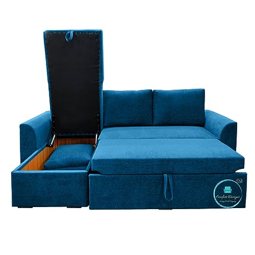 Image of Comfort Designs Creta 4 Seater Corner Sofa Cumbed for Living Room, Textured Premium Polyester Fabric, Functional Storage, Soft, Lightweight, Comfortable, Blue