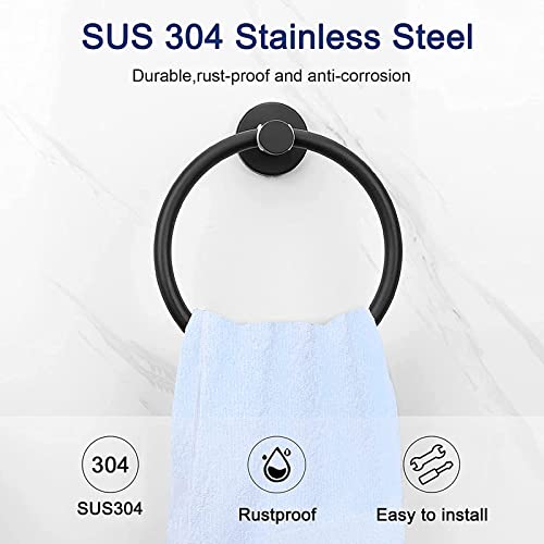 Bathroom Hardware Set, Matte Black Stainless Steel Bathroom Accessories Set, 16Inch Bath Towel Bars, Wall Mounted Towel Rack Ring, Toilet Paper Towel, Robe Towel Hook, Strong Adhesion No Trace, 8 Pcs #TOP3
