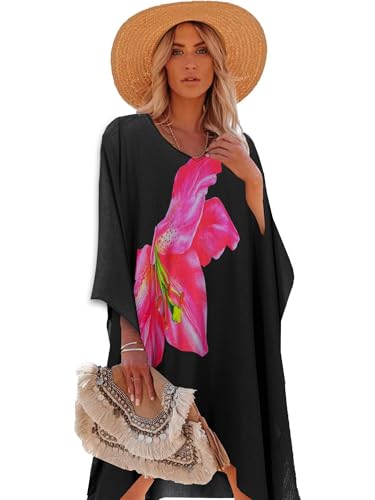 Moss Rose Caftan for Women Beach Cover up Swimsuit Kimono Cardigan with Bohemian Floral Print Black