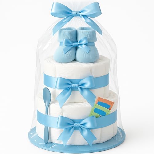 Torta di pannolini da ragazzo a 2 piani in blu con calzini, regalo per nascita per mamma, battesimo o baby shower, idea...