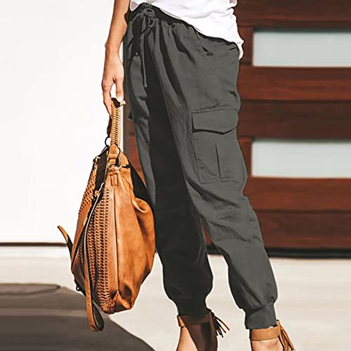 YOLAI Women Solid Color Drawstring Overalls Pants High Waist Casual Trousers Harem Pant with Pockets3