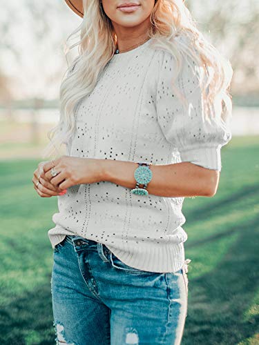 Foshow Womens Puff Short Sleeve Sweaters Tops Summer Soft Crew Neck Dot Pullover Shirt Lightweight Knit Sweater Blouse Gray #TOP2