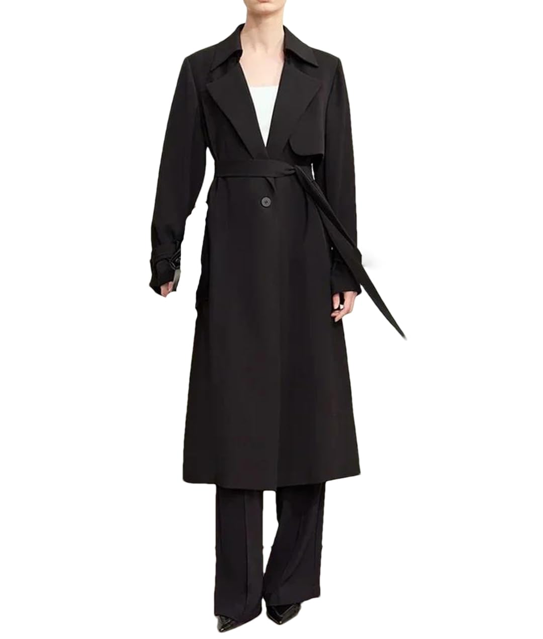 Hdhdeueh Women Solid Color Spliced Long Trench Coat Vintage Lapel Button Belt Loose Outerwear