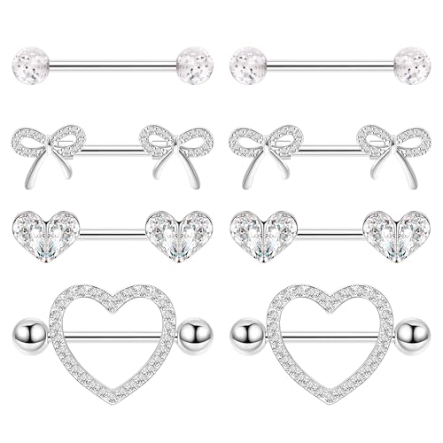 Vegolita 4 Pairs 14G G23 Titanium Nipple Rings for Women Heart Nipple Barbell Tongue Rings CZ Nipple Ring Set Cute Bow Nipplerings Piercing Jewelry Silver