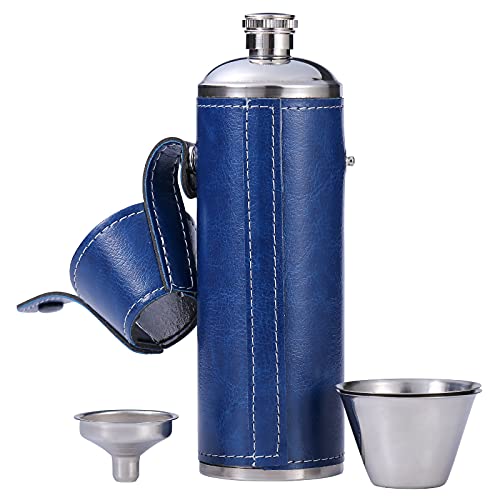 GENNISSY 10oz Navy Blue Leather Whiskey Hip Flask Stainless Steel Leakproof Liquor Flask Set with Funnel and 2 Shot Cups Portable for Men Women