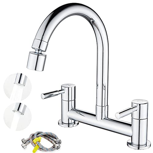 Maynosi Kitchen Sink Mixer Tap, Kitchen Bridge Mixer Taps 2 Hole, 180 mm Centers Deck Mounted Faucets, Twin Levers Faucet with 2 Function Aerator, 1/4 Turn, 360° Swivel Spout, Brass, Chrome Plated
