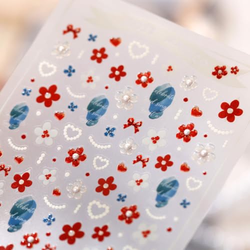 Image of Red Flower Nail Stickers Decals Pearl Heart Design Nail Decals for Nail Art