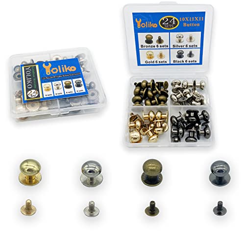 Yoliko 24 Pack 4 Color Round Phillips Head Button Stud Screws 10x11x11mm Chicago Screws Nail Rivet Leather Button Brass Rivets for DIY Leather Craft