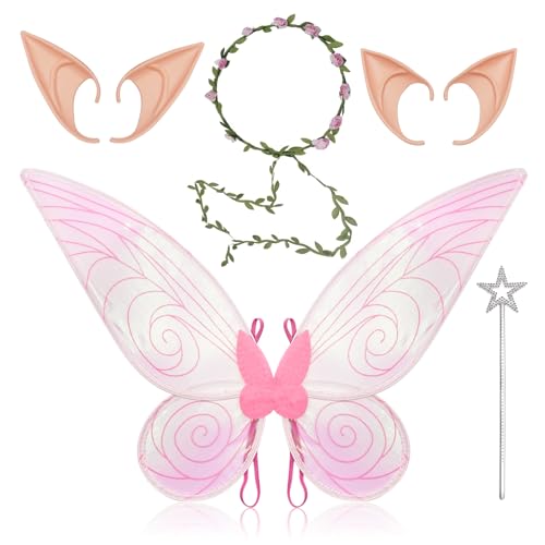 Fettwal Feenflügel Erwachsene Kinder Damen, Feen Kostüm Damen Kinder, Feen Flügel Elfen Kostüm, mit 2 Paar Elfenohren, Elfengirlande, Feenflügel Kostüme, für Halloween Karneval Ostern (Hellrosa)