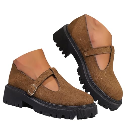 Mary Jane Chaussures classiques à bride en T pour femme Chaussures plates en cuir PU Chaussures habillées pour le travail de bureau, marron, 41 EU