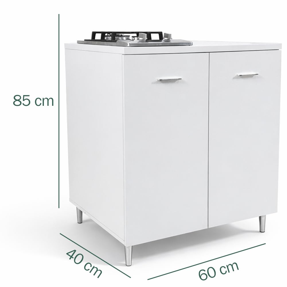 Shally Dogan Mobile Base da Cucina con Piano Cottura a Gas 2 Fuochi, 2 Ante, 80 x 60 x 85 cm, Piastre in Ghisa Resistenti, Montaggio con Piedini Fissi o Ruote, Kit Completo Monoblocco, Bianco