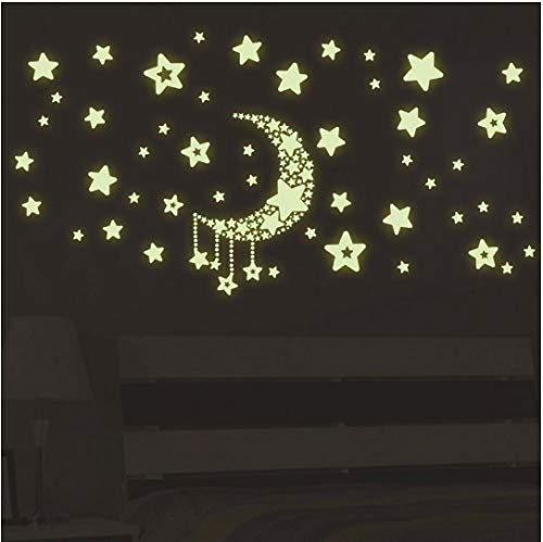 Luna fluorescente y estrella etiqueta de la pared de pvc protección del medio ambiente extraíble para lindo dormitorio infantil sala de estar decoración de la habitación 21 * 29.7 cm