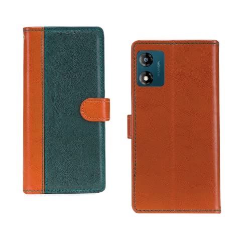 Image of Motorola E13 Flip Case | Leather Finish Flip Cover | with Card Pockets | Flip Cover for Motorola E13 - Camel and Green