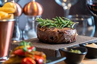 Black Rock Grill Steak, Hot Stone Grill - Sizzling Hot Rock, Indoor Grill, Cooking Stone with Matt Black Ramekins and Side Plate (One Standard Set)