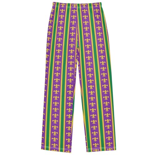 Boy's Pj Pants Striped Mardi Gras Fleur De Lis Lounge Bottoms Elastic Waist Kids Joggers with Pockets Size 6-14