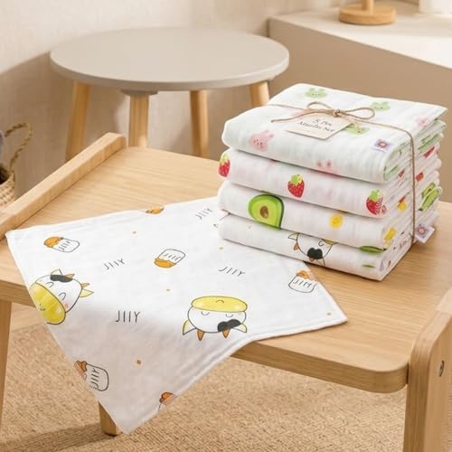 Image of GLUN Muslin Baby Hankies Pack of 5, 2-Layer Cotton Face Towels for Newborn & Toddler 25x25cm, Soft Absorbent Reusable Washcloths, Gentle Daily Use Napkins, Assorted Designs