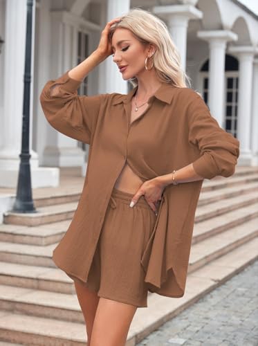 VamJump Women's 2 Piece Outfits Casual Long Sleeve Button Down Shirt and Shorts Tracksuit Matching Sets4