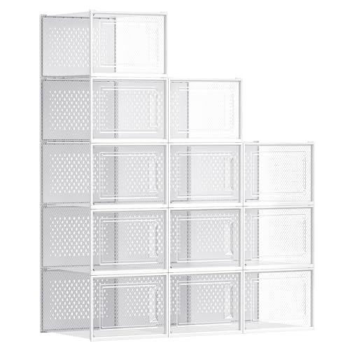 Image of SONGMICS Shoe Boxes, Pack of 12 Shoe Storage Organizers, Stackable Clear Plastic Boxes for Closet, Sneakers, 13.1 x 9.9 x 7.4 Inches, Transparent and White ULSP12MWT