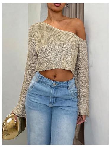 Milumia Women's Glitter Off The Shoulder Crop Sweater Long Sleeve Knitted Party Club Tops4