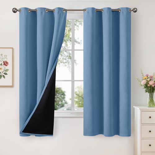 Image of YoungsTex 100% Blackout Curtains 68 Inch Length for Bedroom Window, Thermal Insulated Drapes with Grommet Heat Blocking for Living Room, Denim Blue, 2 Panels, 42 X 68 Inch