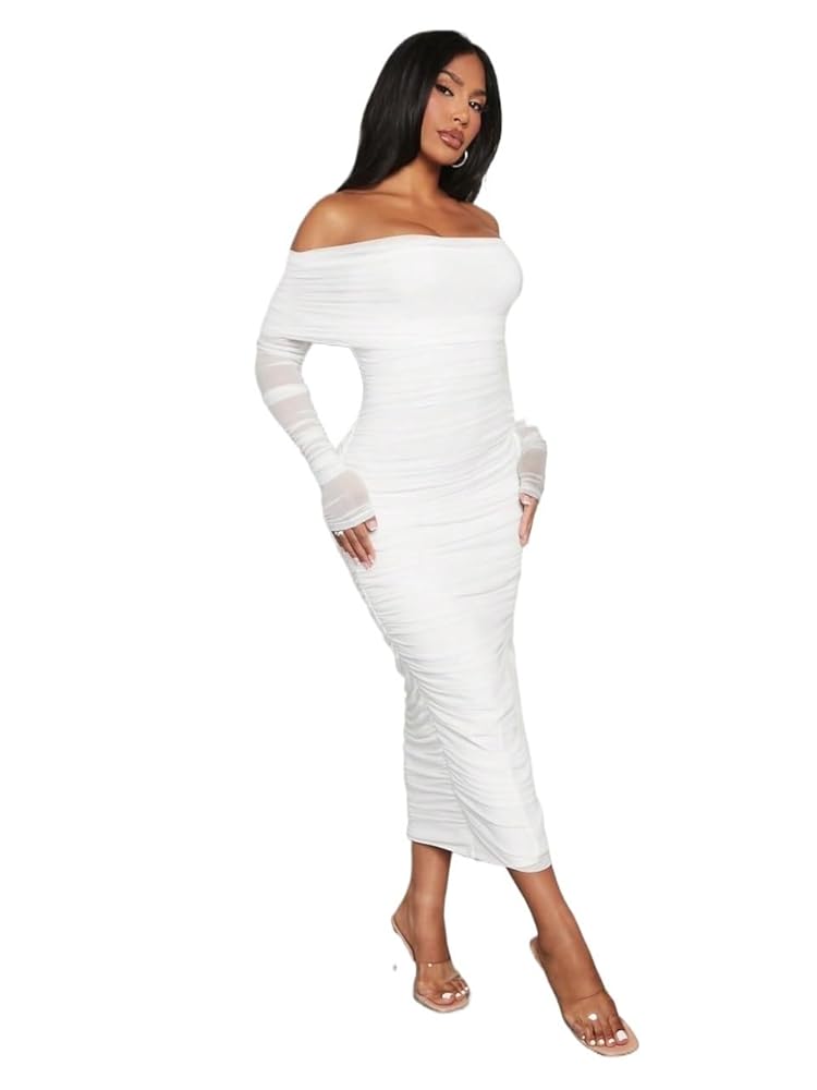美品　Shoulder Tuck Long Dress White Stripe Victoria White Long-Sleeve Maxi Dress With Wrap Skirt – Club