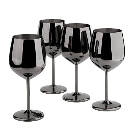 ARORA Taça de vinho de aço inoxidável 530 ml - Conjunto de 4 pretos - 9 cm P x 21 cm A